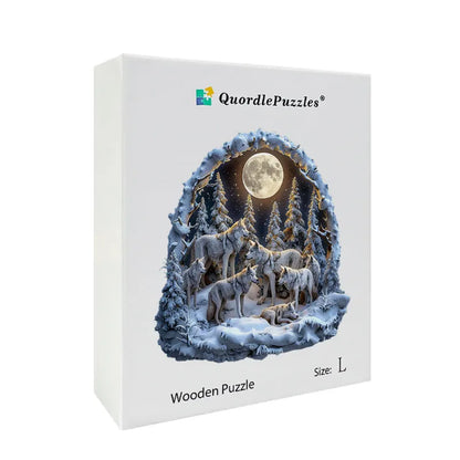 Wolf Pack in Snowy Moonlight Wooden Jigsaw Puzzle