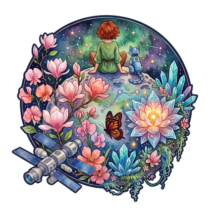 Cosmic Whimsy Girl & Robot Cat Wooden Puzzle