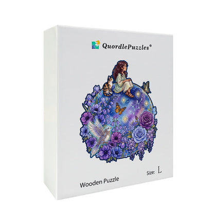 Mystical Whimsy Girl & Cat Wooden Puzzle
