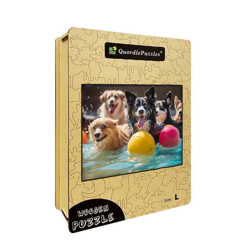 Playful Dogs in the Pool Wooden Jigsaw Puzzle