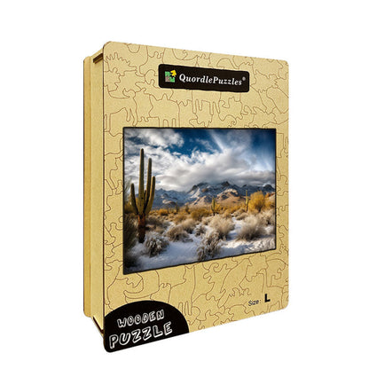 Snowy Desert Mountains with Cacti Wooden Jigsaw Puzzle