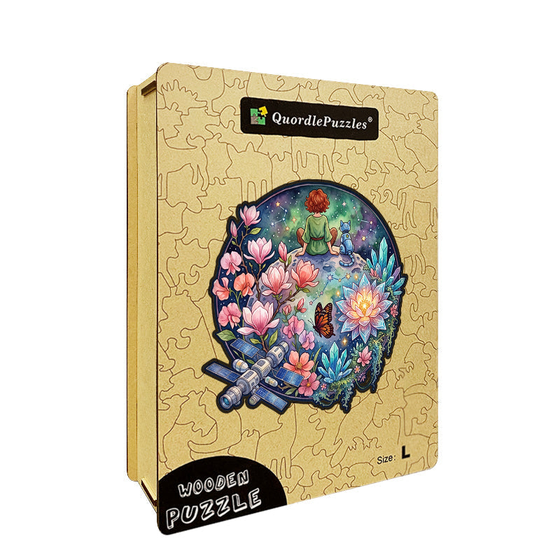 Cosmic Whimsy Girl & Robot Cat Wooden Puzzle
