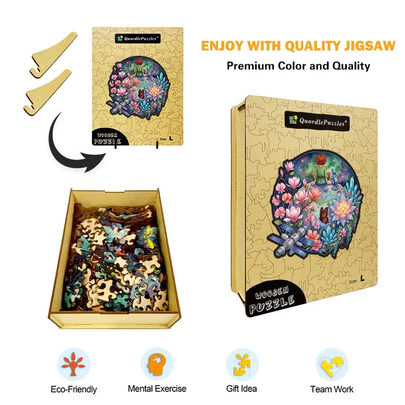 Cosmic Whimsy Girl & Robot Cat Wooden Puzzle