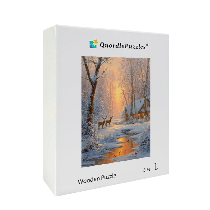 Sunset Winter Cabin Wooden Jigsaw Puzzle