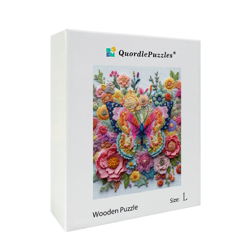 Embroidered Butterfly Garden Wooden Jigsaw Puzzle