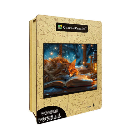 Cozy Cat on a Book Wooden Jigsaw Puzzle
