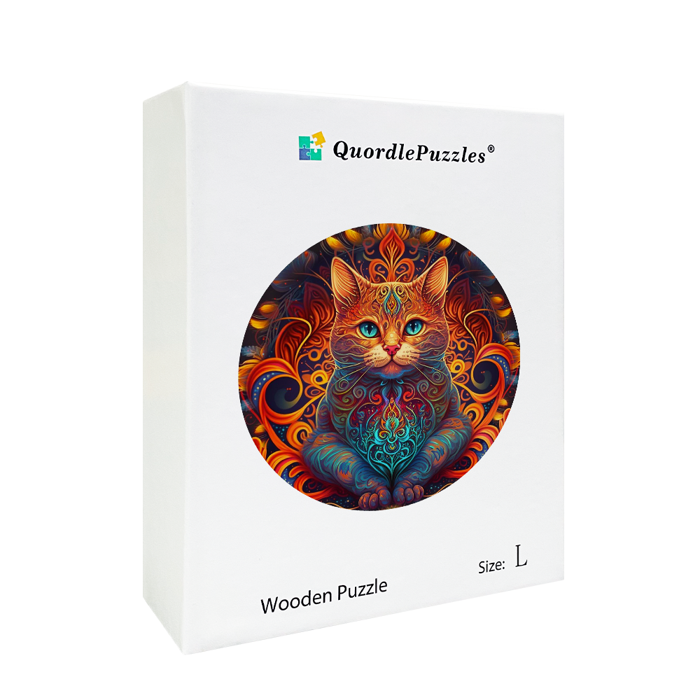 Mandala cat - lord of fire Wooden Jigsaw Puzzle
