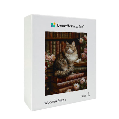 Majestic Cat on Books Wooden Jigsaw Puzzle