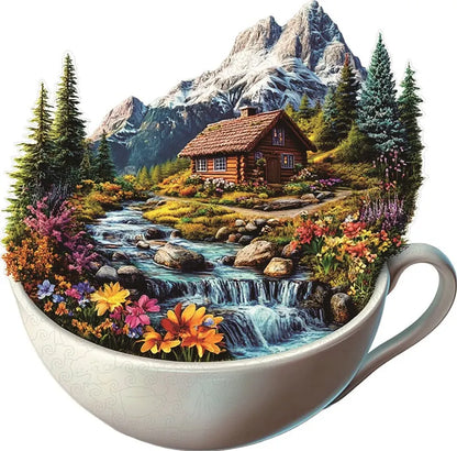 Mountain Cottage in a Cup Wooden Jigsaw Puzzle