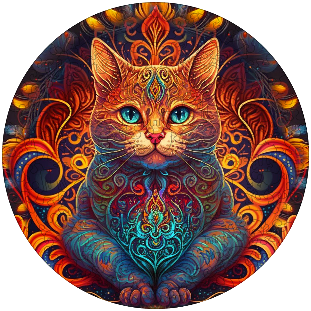 Mandala cat - lord of fire Wooden Jigsaw Puzzle