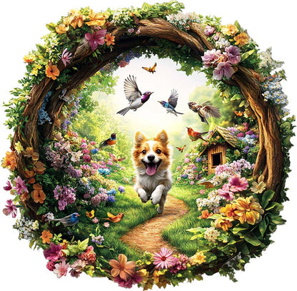 3D Dog in Flower Garden Wooden Jigsaw Puzzle