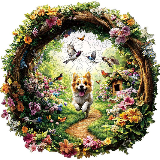 3D Dog in Flower Garden Wooden Jigsaw Puzzle