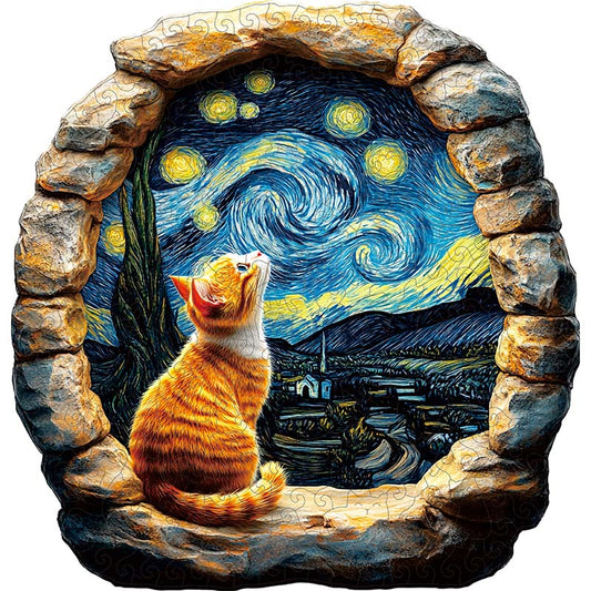 3D Starry Night Cat Wooden Jigsaw Puzzle