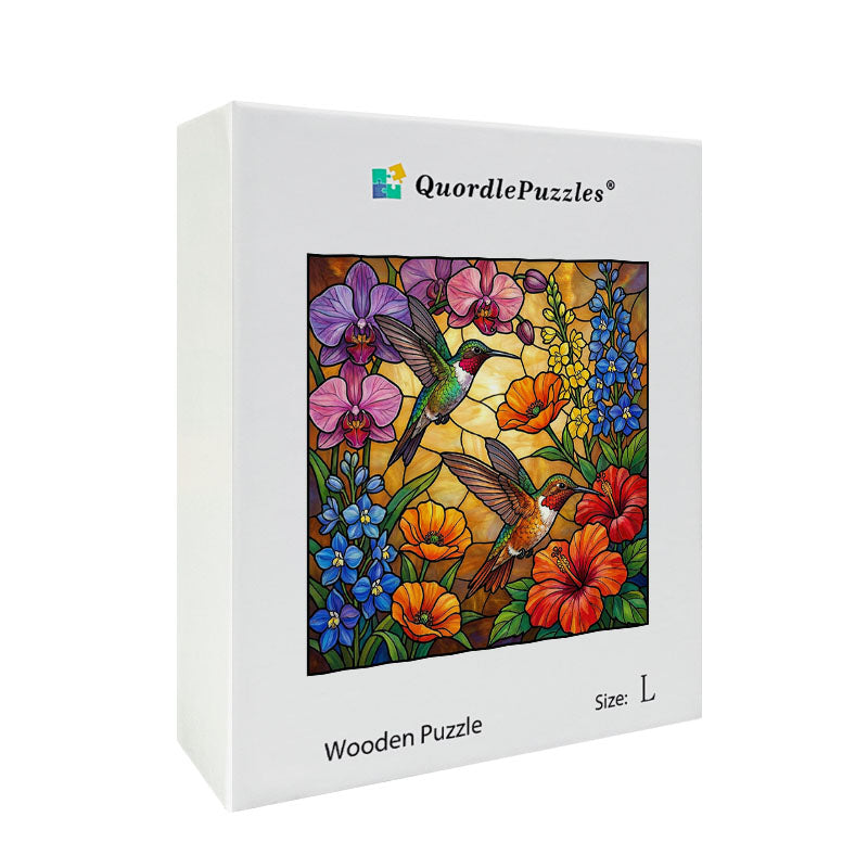 Golden Stained Glass Hummingbirds Wooden Jigsaw Puzzle