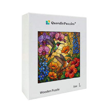 Golden Stained Glass Hummingbirds Wooden Jigsaw Puzzle