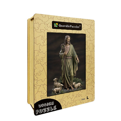 Jesus with Sheep Statue Wooden Jigsaw Puzzle