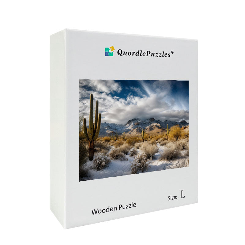 Snowy Desert Mountains with Cacti Wooden Jigsaw Puzzle